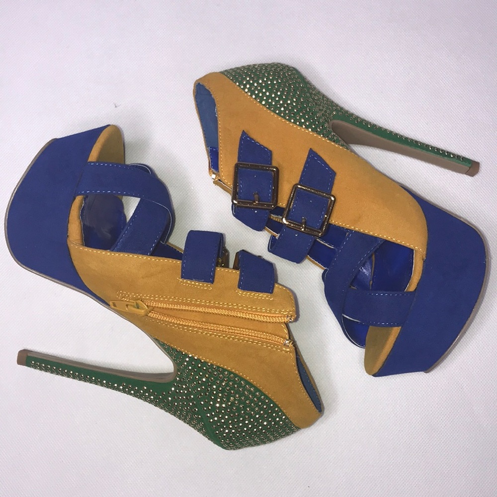 Blue/Green/Yellow Open Toe Heels